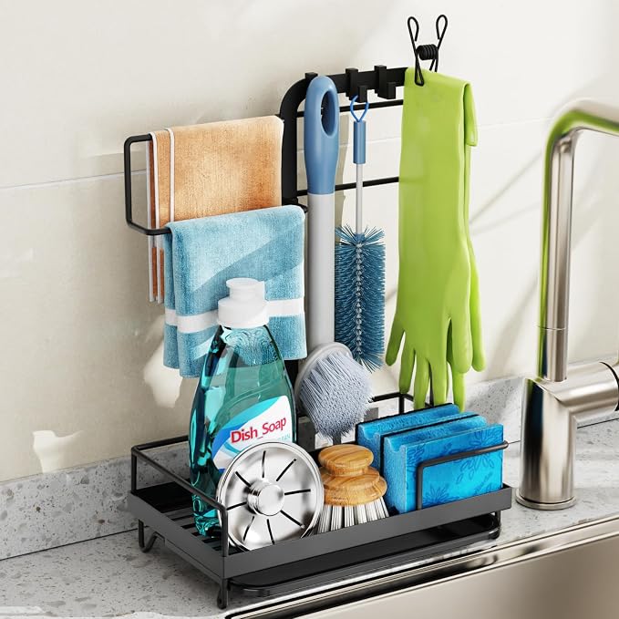 Kitchen Sink Organizer - Large Sink Caddy for Brushes, Black | Removable Drip Tray, Towel Bar & Glove Clip for Sponge, Sink Counters, Cleaning Tools and Kitchen Daily Use, Rust-Resistant