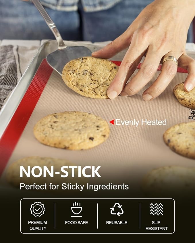 Silicone Baking Mat, Non-Stick Platinum Silicone Baking Sheet, 5 Pcs Red | Reusable, Food-Grade, Heat Resistant to 480℃, Dishwasher Safe, Half-sheets, quarter-sheets, and round mat Set, Versatility