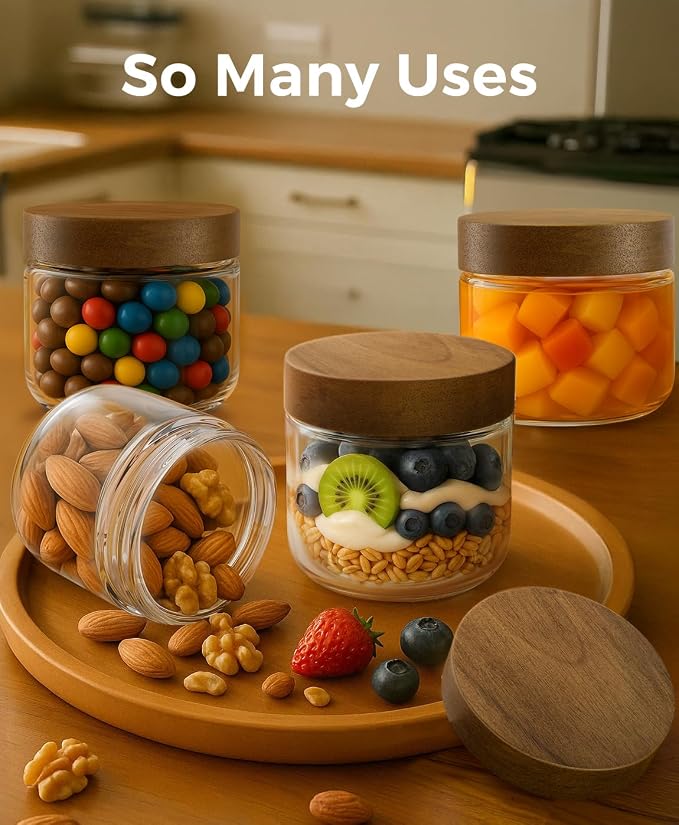 10oz 4 Pack Glass Mason Jars Overnight Oats Containers with Acacia Wood Lid | Airtight Small Glass Containers with Screw on Top Wide Mouth Food Storage Jar for Chia Seed Pudding, Meal Prep, Yogurt, Spice