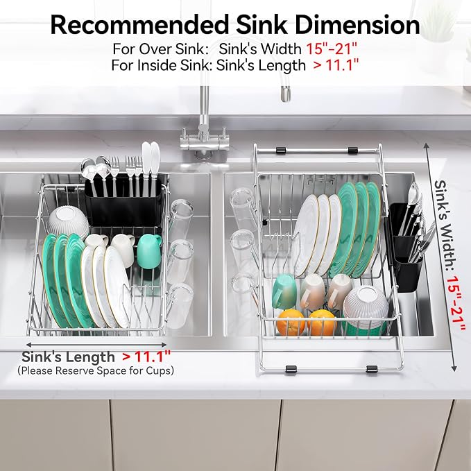 Urackify 304Stainless Steel Expandable Over Sink & in Sink Dish Rack,Silver | Fits over sink for direct drainage, expandable 15-23 inches saves counter space, includes utensil and cup holder