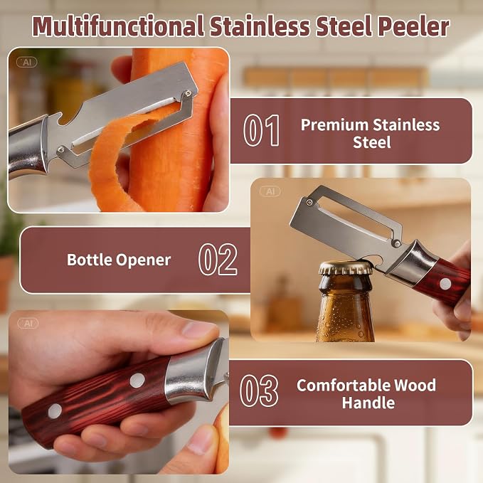Multifunctional Vegetable Peeler for Peeling Potato Carrot(2 Pack) | 2 in 1 Stainless Steel Fruit Veggie Peeler | Bottle Opener | Handheld Fruit Cucumber Slicer