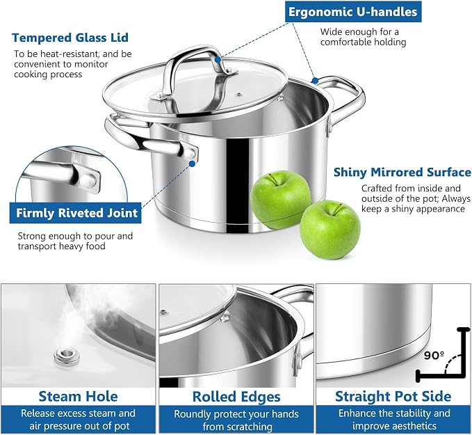 P&P CHEF 4 Quarts Stock Pot with Lid, Stainless Steel Stockpot for Cooking | Cooking Pot for Soup, Pasta, Tri-Ply Bottom for Induction, Gas, Ceramic, Glass Lid & Double Handle, Dishwasher Safe