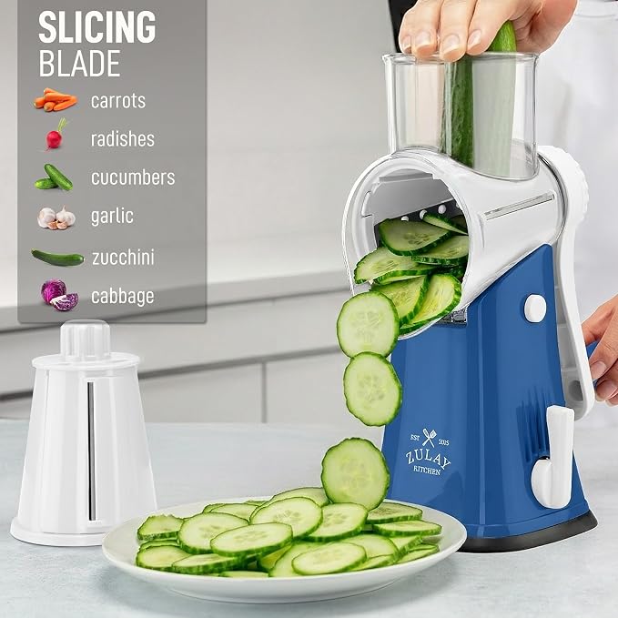 Zulay Kitchen Rotary Cheese Grater 5 Blade Cheese Shredder - Manual Hand Crank Cheese Grater With Reinforced Suction & 5 Interchangeable Drums - Easy to Use, Vegetable Chopper Round Mandoline Slicer