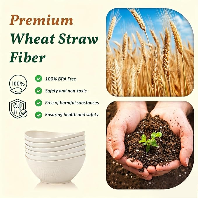 Salad Bowls Set of 6, 60 OZ Large Wheat Straw Bowls for Kitchen, Camping, Party, Unbreakable Lightweight Popcorn Bowl, Microwave and Dishwasher Safe Bowl Set with Unique Texture - Beige