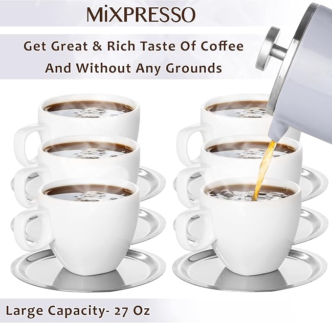 Mixpresso French Press Coffee Maker, 26 Oz Stainless Steel Coffee Press | Double wall insulated stainless steel French Press with durable filter for coffee or loose leaf tea, easy to press and clean