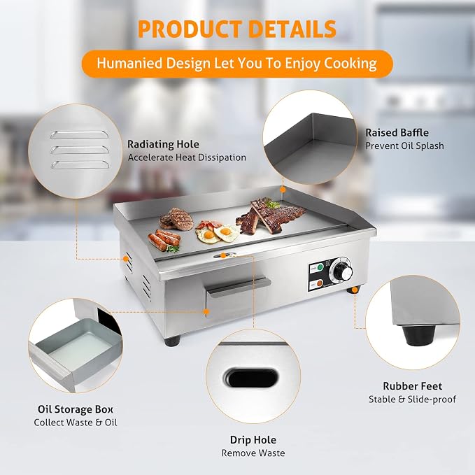 WICHEMI Commercial Electric Griddle Flat Top Grill Stainless 22'' 3000W | Heat Food Evenly, Large Cooking Surface, Cooking Temperature Adjustment, Collect Grease For Cleanup, Non-Stick, Easy to Clean