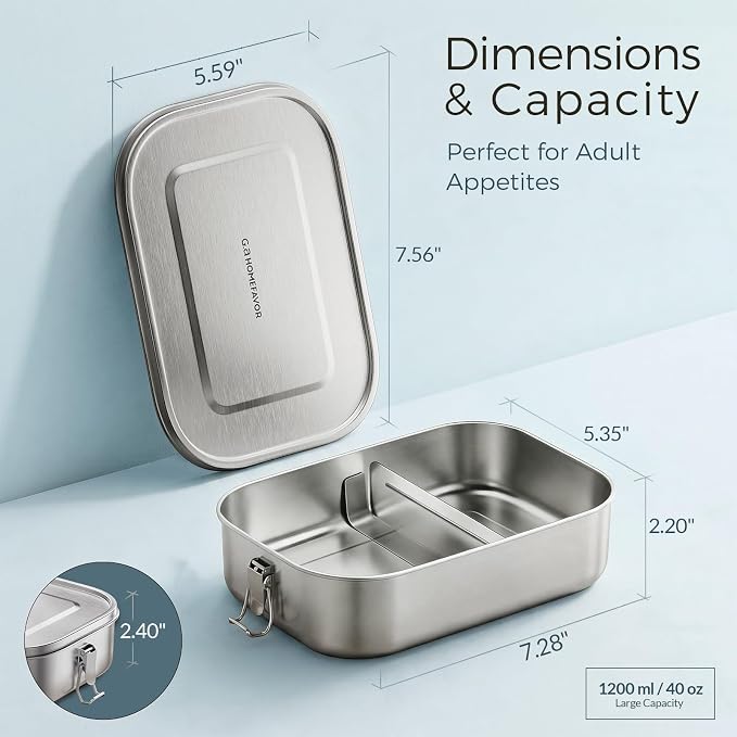 G.a HOMEFAVOR Stainless Steel Bento Lunch Box, 2-Compartment, 1200 ml/40 oz | Leak-Proof, Dishwasher Safe, BPA-Free, with Lock Clips, Meal Prep, Large Food Container, for Adults