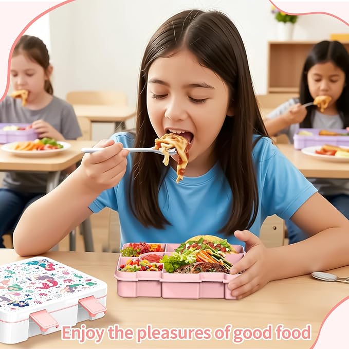 Bento Lunch Box for Kids, Leak-Proof 5-Compartment Cute Lunchbox for Boys Girls, Drop-Proof, Food Container Microwave & Dishwasher Safe, Back to School Supplies for Ages 3 to 7, White/Mermaid