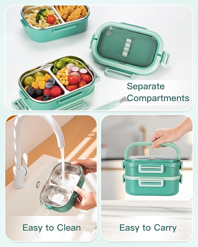 Lille Home Stackable Stainless Steel Bento Lunch Box + Insert Cutlery, 56oz | 2 Tier Leakproof Metal Lunch Boxes, 4-Compartment Food Containers for Work, Picnic, Meal Prep & Portion Control (Green)