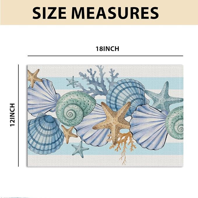 Sea Shell Starfish Beach Placemats Set of 4, Party Kitchen Dining Decor | Seasonal Spring Ocean Coastal Washable Linen Nautical Table Mats wipeable placemats Christmas Festivals Birthday Decor