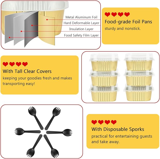 LNYZQUS 5oz Mini Cake Pans with Lids and Spoons, Disposable Brownie Tins | 40 Pack, Aluminum Foil, Square Cupcake Baking Cups, Individual Dessert Containers for Kids Party, Gold