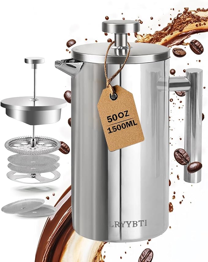 French Press Coffee Maker, Silver, 50 OZ (1.5 Litre) | 304 Stainless Steel Coffee Press with scale lines and 2 Extra Filters for Kitchen & Camping