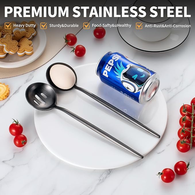 4 Piece Serving Spoons Set(2 Spoons and 2 Slotted Spoons),O.C.E. Stainless Steel Buffet Serving Utensils,10.3 Inches,Premium Flatware,Matte Black