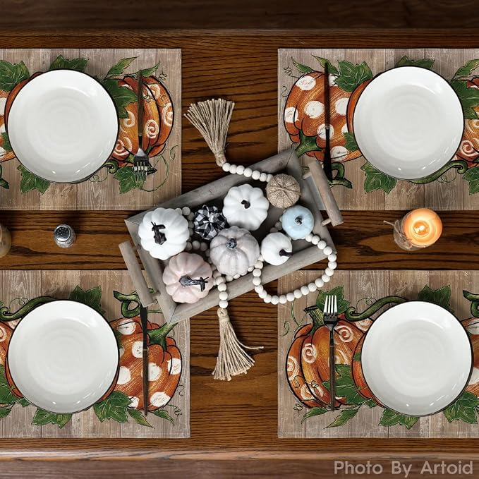 Artoid Mode Wood Polka Dot Pumpkins Fall Placemats Set of 6-12 x 18 Inch | Heat-Resistant Table Mats, Washable Seasonal Autumn Kitchen Dining Decor