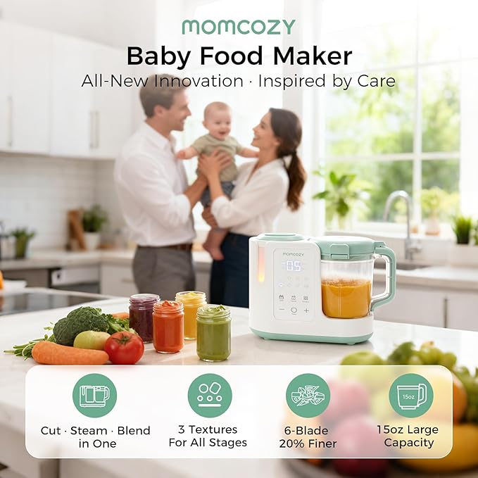 Momcozy AutoMeal Baby Food Maker – One-Step Auto Steam & Blend Food Processor, 15oz Large Cup & 6-Blade Design, Self-Cleaning, Auto 3-Stage Texture Settings for Effortless Homemade Baby Puree | One-Step Auto Steam & Blend Food Processor, 15oz Cup, 6-Bl...