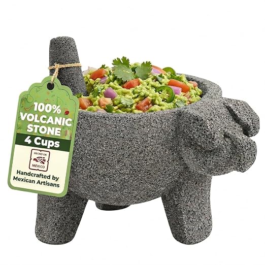 9 inch Molcajete Mortar and Pestle with Pig Design, Mexican Handmade with Lava Stone Ideal as Herb Bowl, Spice Grinder, Volcanic Stone