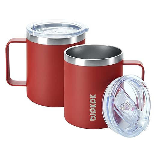 BJPKPK 2pcs Stainless Steel Insulated Coffee Mug, 14oz with Lid, Non Sweat Design-Red | Travel Coffee Mug with Handle, Vacuum Insulated Tumbler Cup for Camping, Office, Home, BPA Free Lid, Hot & Cold