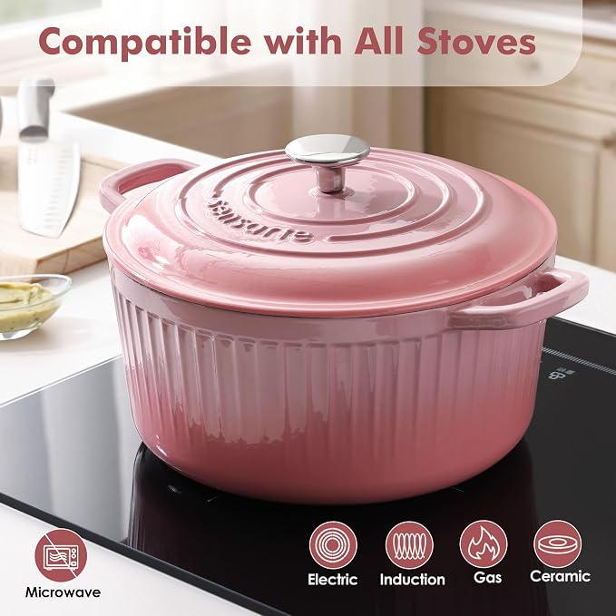 SENSARTE Enameled Cast Iron Dutch Oven Pot with Lid 3.5/5.5/6.5 Quart Heavy-Duty Round Dual Handles Kitchen Pot with Cotton Potholders & Silicone Trivet, Pot for Bread Baking, Stews, Braising, Roasting, Oven Safe, 5.5 Quart, Pink