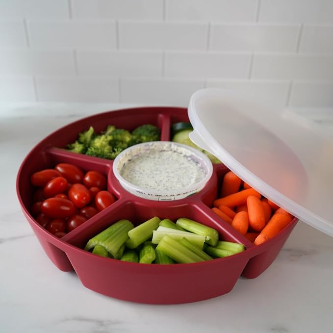 Heavy-Duty Divided Serving Tray with Leakproof Lid - 6 Divided Compartments to Serve & Store Food, Fruit Tray, Veggie Tray, Party Platters - Made In USA (Radiant Red/Clear Lid)
