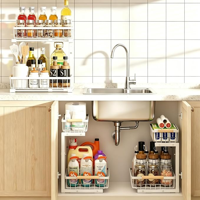 Under Sink Organizer, Height Adjustable Under Sink Organizers and Storage, 2 Tier Pull Out Drawer Cabinet Storage for Kitchen Bathroom, 1 Pack, White | cabinet organizer, 5 level adjustable, quiet sliding rails, dual suction and nano tape, no drill, ru...