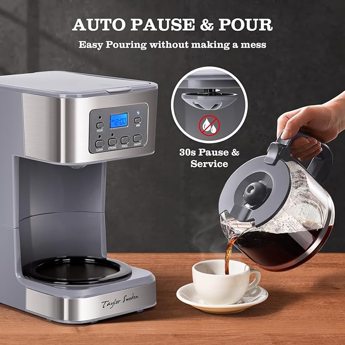Taylor Swoden 12-Cup Programmable Coffee Maker, Gray & Stainless Steel | Regular & Strong Brew Drip Coffee Machine for Home and Office, Glass Carafe, Pause & Serve, Auto Shut Off