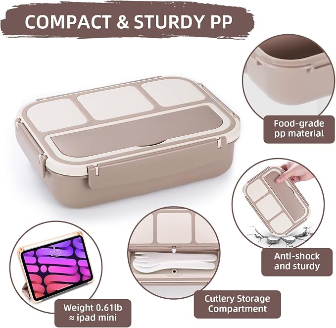 QQKO Bento Box Adult Lunch Box, Lunch Containers for Adults Men Women, Kids Lunch Boxes for School with 4 Compartments, Sauce Container, Utensils and Muffin Cups, Brown
