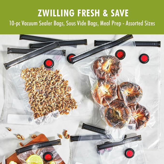 ZWILLING Fresh & Save 10-pc Vacuum Sealer Bags, Sous Vide Bags, Meal Prep - Assorted Sizes | Reusable, Airtight Bags for Sous Vide, Marinating & Meal Prep. Freezer & Microwave safe.