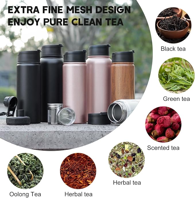 Sivaphe 32 oz Tea Infuser Bottle With Removable Filter,18/8 Stainless Steel Insulated Water Bottle for Loose Leaf Tea,1L Strainer Travel Tumbler with Lid Black