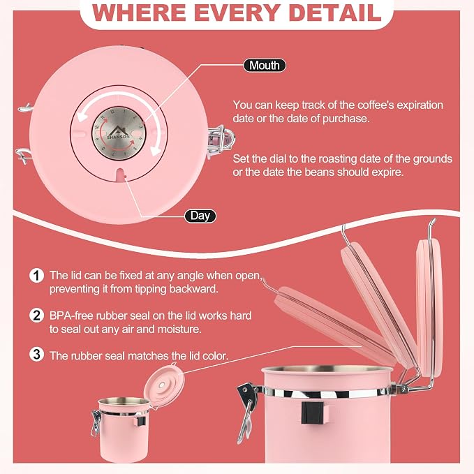 ShanSon Coffee Canister Airtight, Stainless Steel Bean Storage Container with Date Tracker & Scoop, Grounds Sugar Flour Tea Cereal Fits Kitchen Pantry, Ideal Gift for Coffee Lovers,12oz, Pink