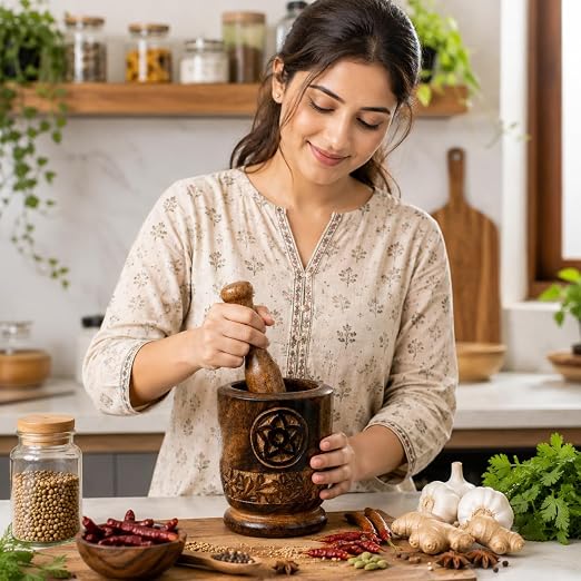Handcrafted Wooden Mortar and Pestle Set, 7 Inch, Solid Wood Spice Grinder, Decorative Carved Herb Crusher for Kitchen, Seasonings, Garlic and Dry Ingredients