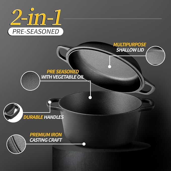 EDGING CASTING 2-in-1 Pre-Seasoned Cast Iron Dutch Oven Pot with Skillet Lid Cooking Pan, Cast Iron Skillet Cookware Pan Set with Dual Handles, Indoor Outdoor for Bread/Frying/Baking/Camping/BBQ, 5 Qt