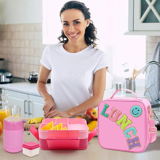 PainZieteg Pink Lunch Box for Girl with 10oz Thermo 6 Compartment Bento Set | Nylon Insulated Lunch Bag with Adjustable Strap, Ideal for Kids and Teens School, Travel and Picnic, Leakproof Thermal Pouch