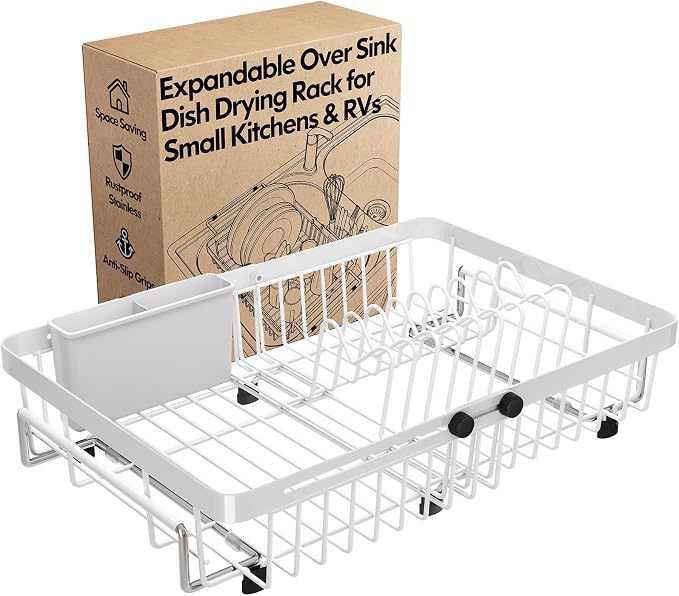 White Dish Drying Rack Over The Sink with Utensil Holder | Expandable Stainless Steel Dish Drainer for Small Kitchen, Apartment, RV, Counter Space Saving, Perfect Fit, Rustproof