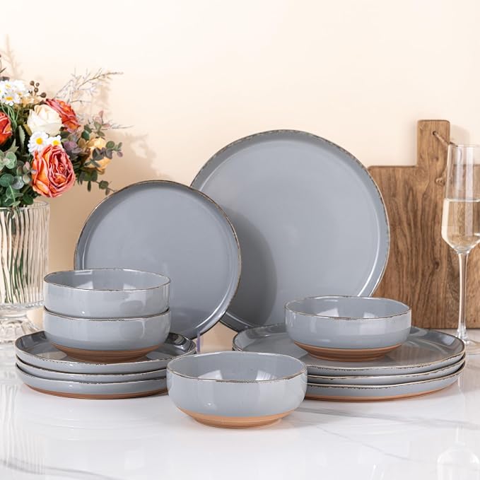 AmorArc Dinnerware Sets for 4, 12 Pieces Ceramic Plates and Bowls Set | Scratch Resistant Stoneware Dishes Set, Dishwasher & Microwave Safe,Gray