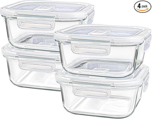 Square Glass Containers with Lids 3 Cup/24 oz, 4 Pack | Borosilicate Glass Bowl | Airtight | Meal Prep | Sandwich | Oven Microwave Freezer Dishwasher Safe | Small Food Storage Sets