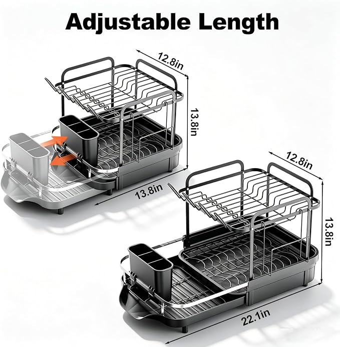 Expandable Stainless Steel 2-Tier Large Capacity Dish Drying Rack, Auto Drain Kitchen Counter Drainer with Rotatable Multi-Slot, Drainboard, Utensil, Cup Cutting Board Holder, 15"-22.4" Adjustable
