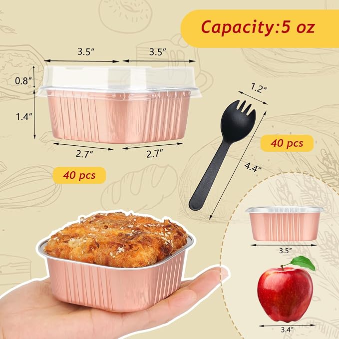 LNYZQUS 5oz Mini Cake Pans with Lids and Spoons, Disposable Brownie Tins | 40 Pack, Aluminum Foil, Square Cupcake Baking Cups, Individual Dessert Containers for Kids Party, Champagne