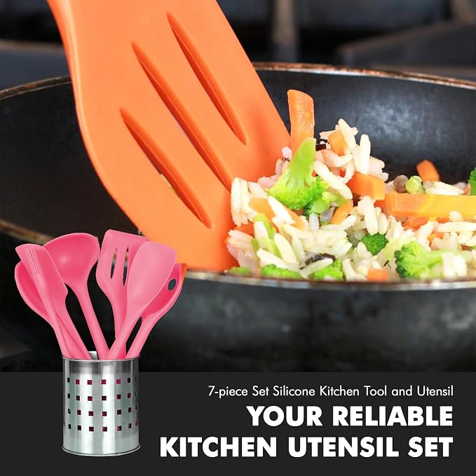 Chef Craft - Premium Silicone Kitchen Tools and Utensils Set, Non-Scratch, Withstands Temperatures up to 450°F, BPA-Free, 7 Piece Cooking Utensils Set, Pink