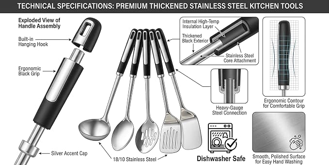 Stainless Steel Serving Spoon Set with Heat-Resistant Handles,3-Piece | Includes a serving spoon, slotted spoon, and deep soup ladle with ergonomic heat-resistant handles for cooking and serving.