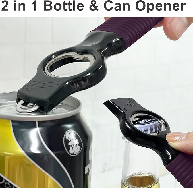 2-in-1 Soda Can Tab & Beer Bottle Opener, Dark Green & Plum, 2Pack | Easy pull tab opener with soft silicone handle protects nails & arthritic hands. Great for bars, picnics, and outdoor events