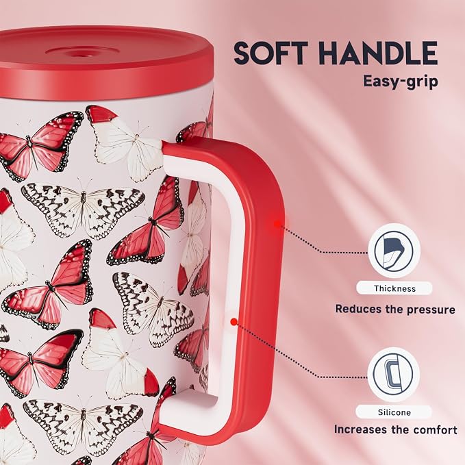 Meoky 40 oz Tumbler with Handle and Straw: Stainless Steel Insulated Tumbler with Lid and Straw - 100% Leak Proof Tumbler for Car Cup Holders - Travelers Commuters Workers, Red Butterfly