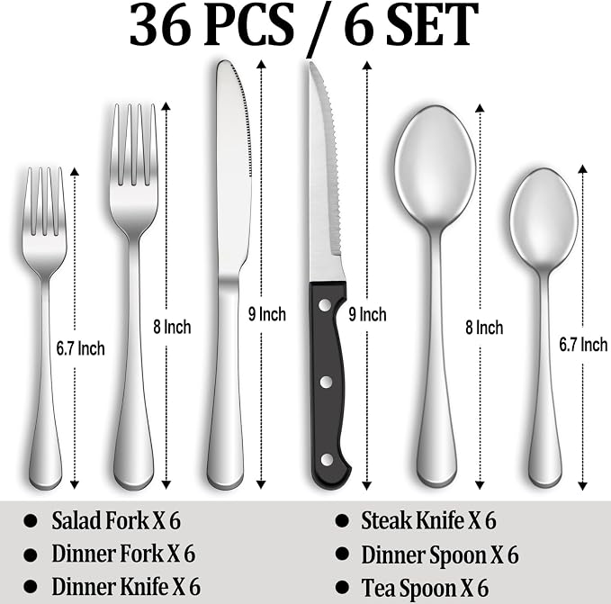 36 Pcs Silverware Set with Steak Knives for 6, Stainless Steel Flatware Set, Mirror Polished Cutlery Utensil Sets, Home Kitchen Eating Tableware Sets, Dishwasher Safe
