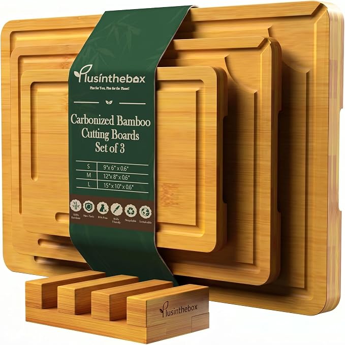 Cutting Board Set with Holder,Large Medium Small Wood Cutting Boards for Kitchen, Thick Chopping Boards with Built-in Handles, Serving Board for Meat, Vegetables, Cheese, Bread and Charcuterie