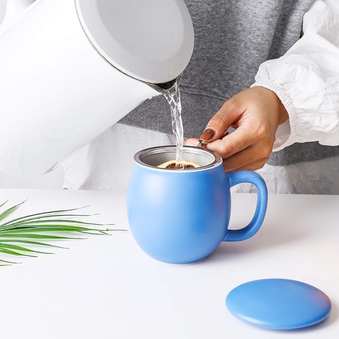 Yundu 12 OZ Matte Blue Ceramics Teacup with Infuser and Lid, Mug with Lid for Steeping - Stainless Steel Infuser for Loose Leaf Tea, Home Office Gift for Tea Lovers