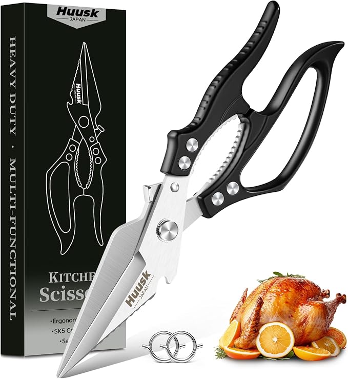 Huusk Kitchen Scissors All Purpose, Multifunction Poultry Shears Heavy Duty | Japanese SK5 Steel Kitchen Shears for Meat, Fish, Chicken Bones, Turkey, Ergonomic Non-Slip Black Handle, Gifts for Women