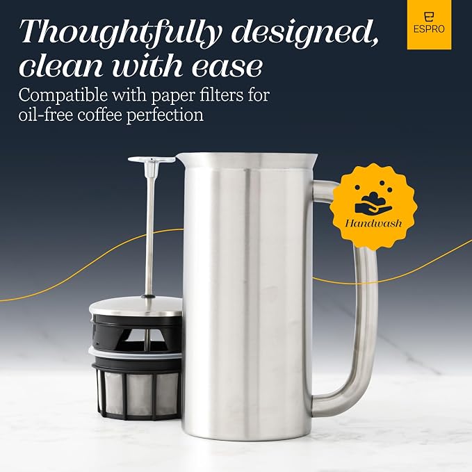 ESPRO P7 French Press, 18oz, Brushed, Stainless Steel Coffee Maker | Double Filter Coffee Press, Grit-Free Coffee, Heat Resistant Insulated tea Press, Easy Hot and Cold Coffee Brewer, Tea Brewer