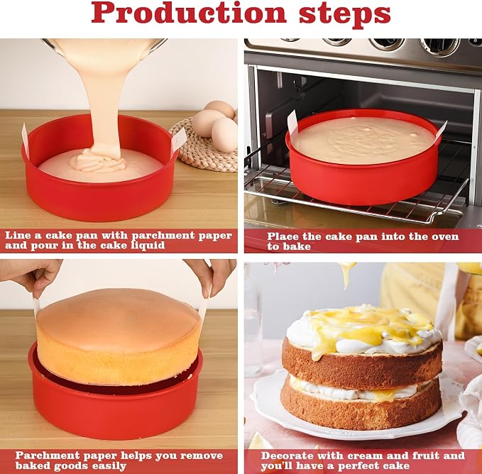 HUAKENER 6" Round Cake Pan,3 PCS Silicone Cake Molds with Parchment Paper | 6 Inch Cake Pans with 100 Pieces Parchment Paper, Nonstick Cake Molds for Smash Cakes,Layer Cakes,Cheese Caks,Chocolate Cakes