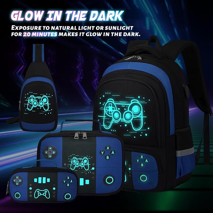 Backpack for School Boys, Cool Luminous Gamer Boys Schoolbag | with Lunch Box & Pencil Case Set for Kids Teens Elementary Middle School, Bookbag Glow In The Dark