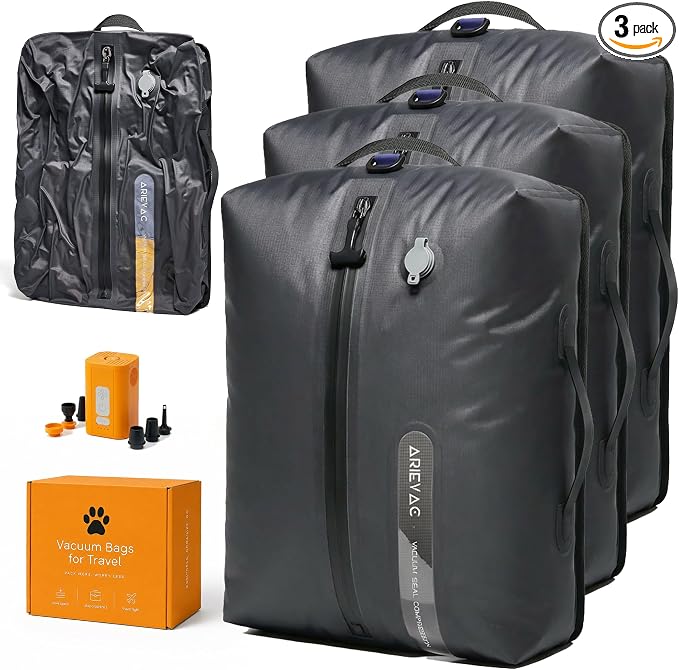 IKYWT Vacuum Seal Bags for Travel w/Pump, 18L Compression Packing Cubes for Carry-On Suitcase & Travel Backpack, Reusable IP67 Waterproof Vacuum Storage Kit, Gift Set (3-Pack)