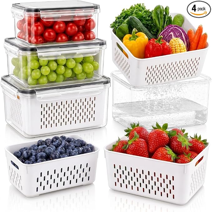Fruit Storage Containers for Fridge with Lids, Fridge Organizers and Storage Produce Saver Box with Removable Drain Basket for Fruit Berry Salad Vegetable Meat, 380ml to 3150ml (4 Pack)